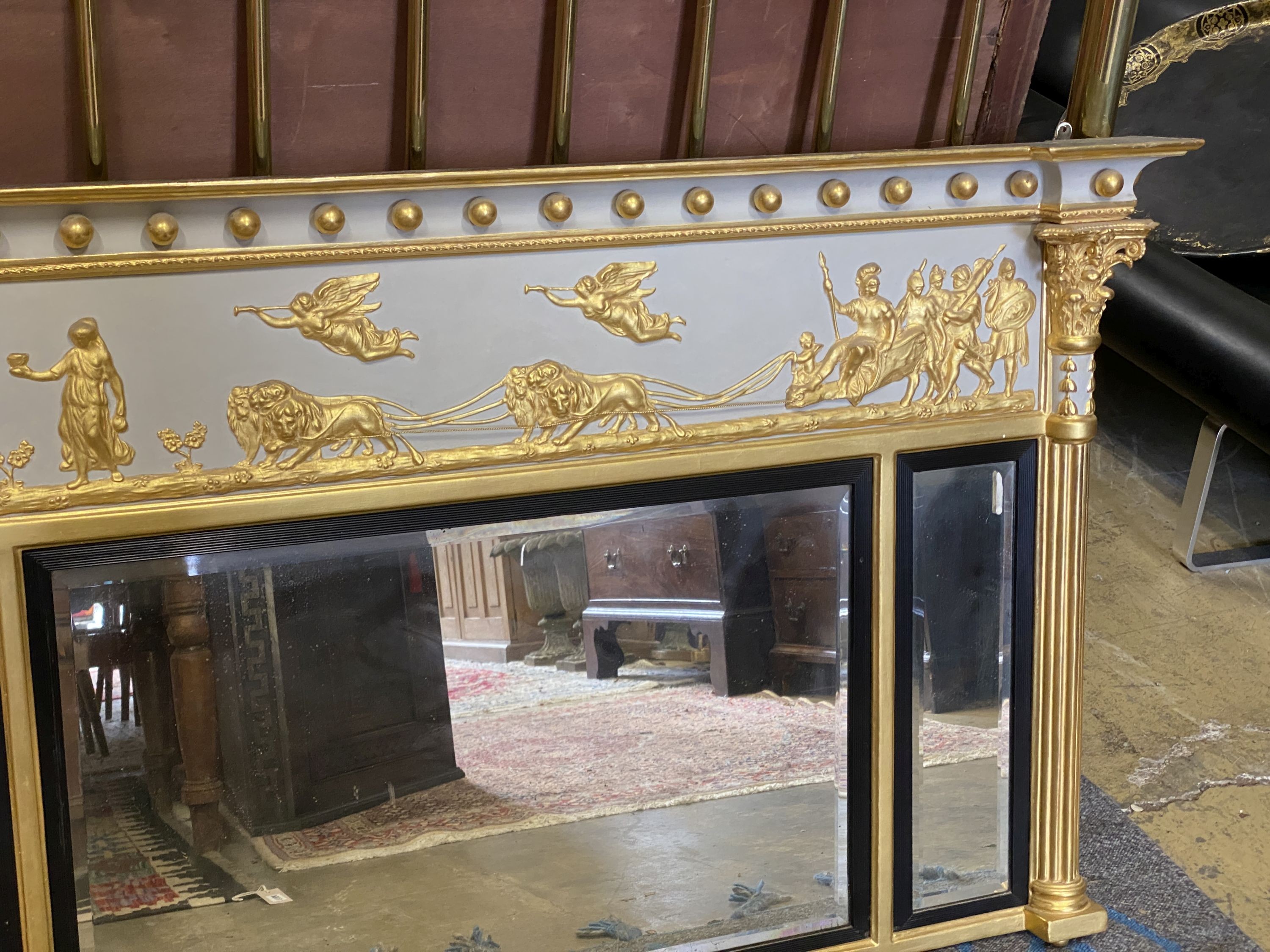 A Regency triple plate overmantel mirror (repainted), width 146cm, height 87cm